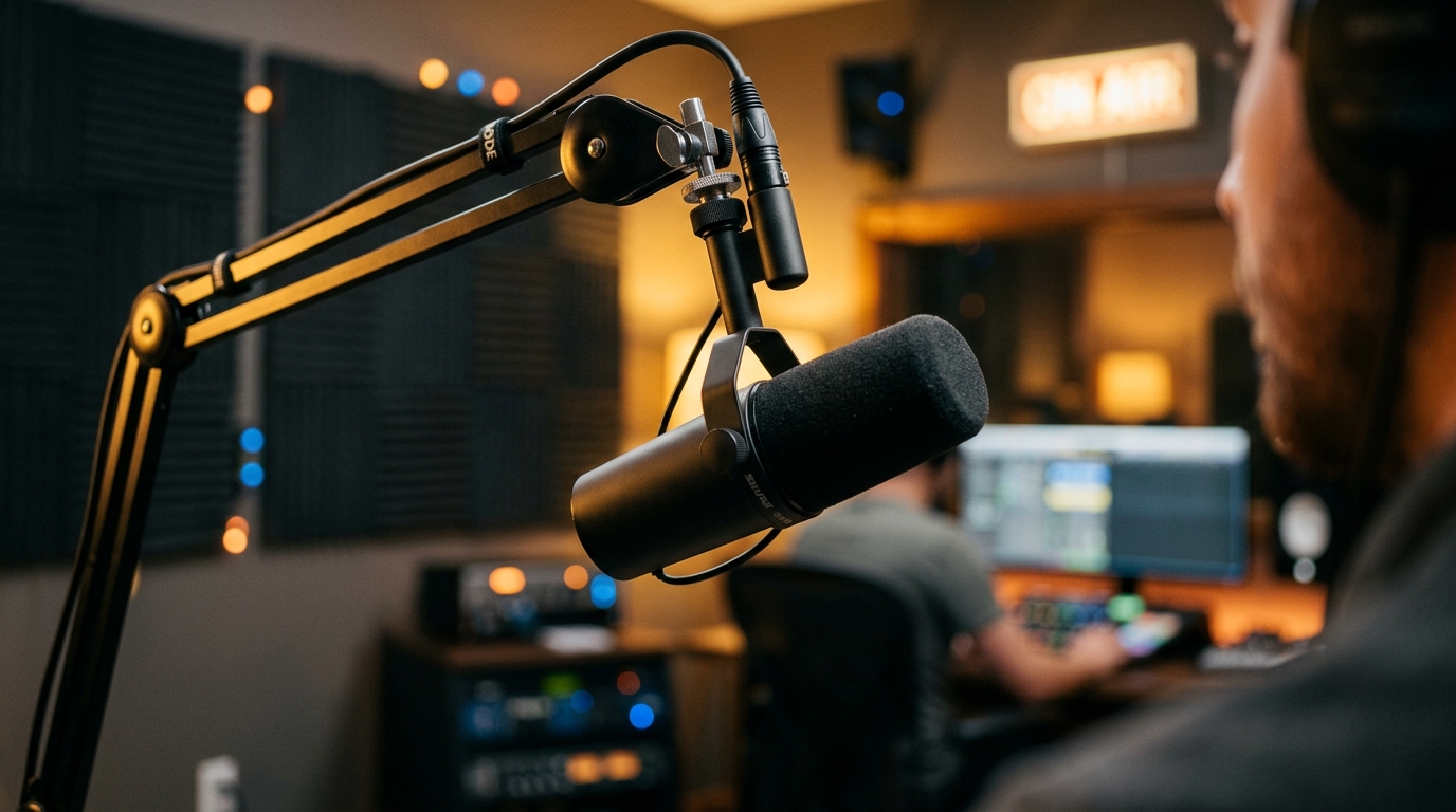 Broadcast podcast microphone on boom arm with warm studio lighting